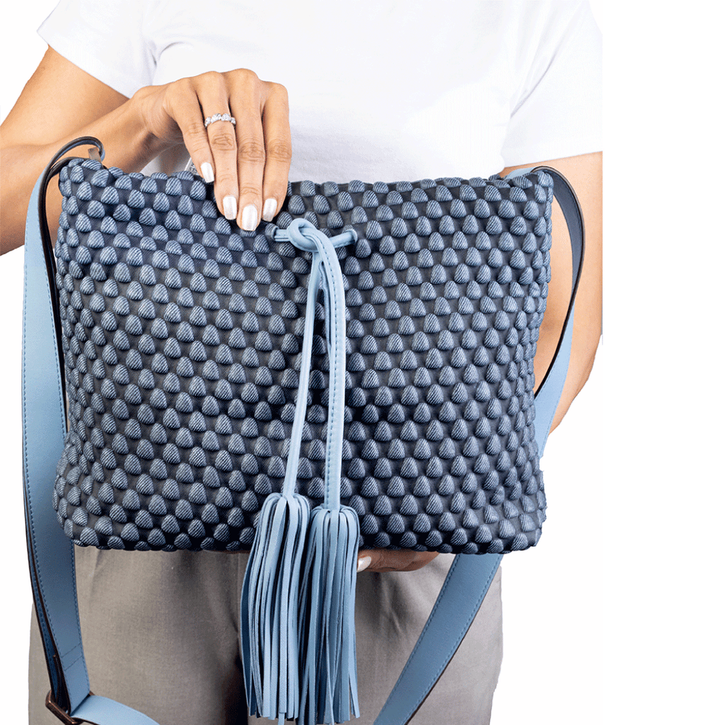 Denim finished leather bag with tassels and crossbody made of Spanish Nappa Leather