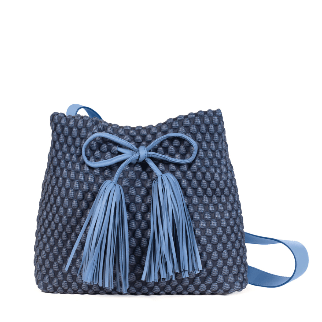 Denim finished leather bag with tassels and crossbody made of Spanish Nappa Leather